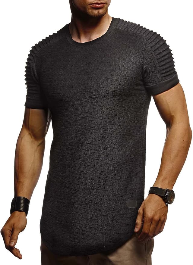Detalle de Leif Nelson LN6325 : t-shirt hoodie oversize biker-style homme à col rond (manches courtes)