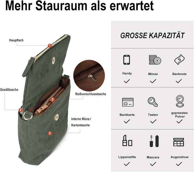 Detalle 2 de Gladdon Umhängetasche Damen Klein – Crossbody/Crossbodytasche in Dunkelgrün mit abnehmbarem Schulterriemen
