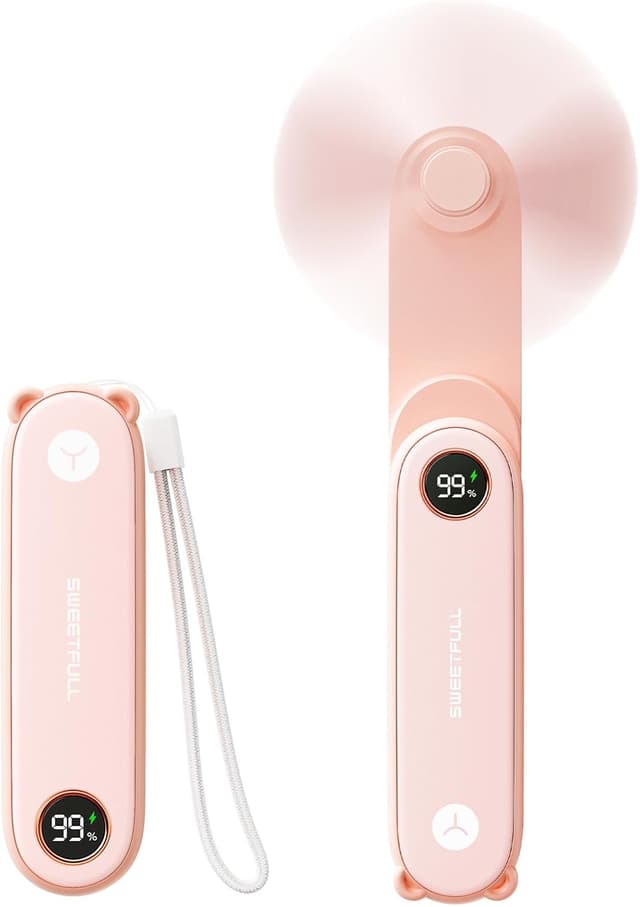 Detalle de SWEETFULL Portable Handheld Mini Fan with LED Display (USB Rechargeable, Foldable, 3-in-1 Fan & Flashlight)