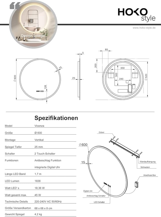 Thumbnail 5 de HOKO Specchio Rotondo 60 cm antiappannamento 🪞
