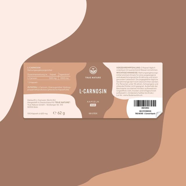 Detalle 2 de TRUE NATURE L-Carnosin 1.000 mg Tagesdosis – 100 vegane Kapseln (50 Tage)