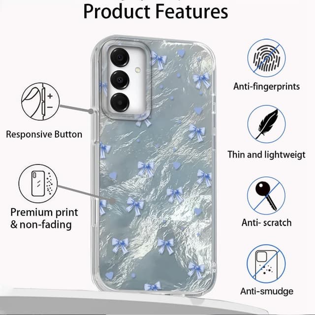 Detalle de Tedyhulle Hülle für Samsung Galaxy A34 5G – Weicher TPU-Rahmen mit harter PC-Rückseite und blauem Schleifen-/Glitzer-Motiv