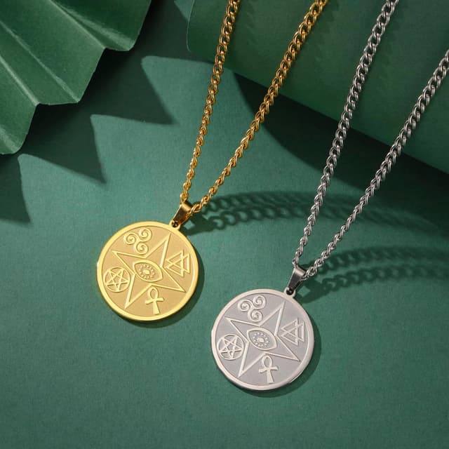 Detalle de VASSAGO Evil Eye Halskette mit Ankh, Pentagramm, Spirale & Valknut – keltische Schutzamulett Kette