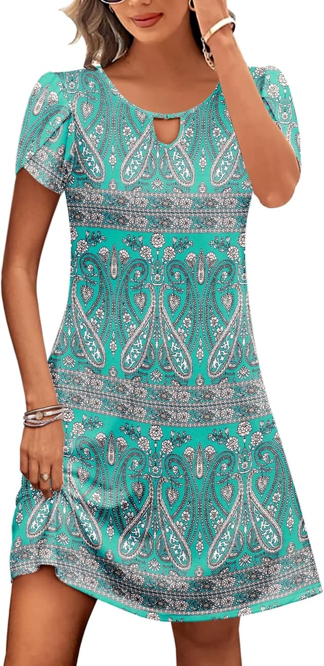 Thumbnail 6 de HOTOUCH Women’s Casual A-Line T-Shirt Dress with Pockets (Floral, Short Sleeve Mini)