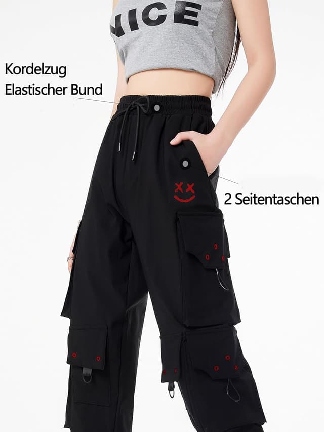 Detalle de CLOAKA Cargohose Damen Jogginghose High Waist im Gothic-/Techwear-Look mit Stretch & Gummizug