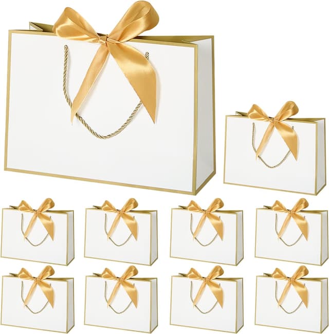Detalle de TACHIO 10 Pack luxury gift bags with golden bow ribbon (white), 32x25x10cm