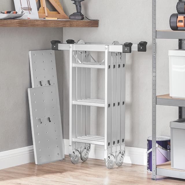 Thumbnail 6 de SONGMICS GLT046E01 Mehrzweckleiter aus Aluminium (4 x 4 Stufen, bis 150 kg, 16 Stufen, 6 Positionen, 430 cm, silbern)