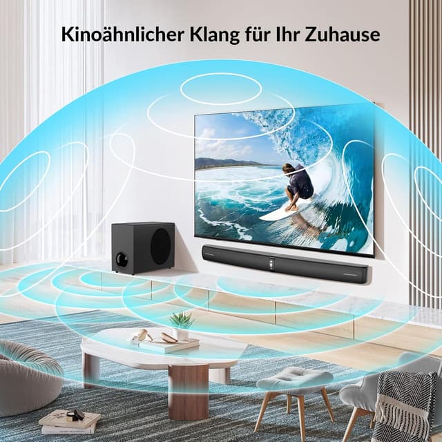 Detalle 2 de Yinet-EU Soundbar mit Subwoofer (120 W) – abnehmbare 2-in-1 Soundbar, 3 EQ-Modi, Bluetooth 5.3/ARC/Opt/AUX für TV, PC, Gaming