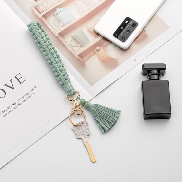 Detalle de CHUQING Makramee-Schlüsselanhänger aus Baumwollkordel mit Quaste – weiches Schlüsselband für Damen