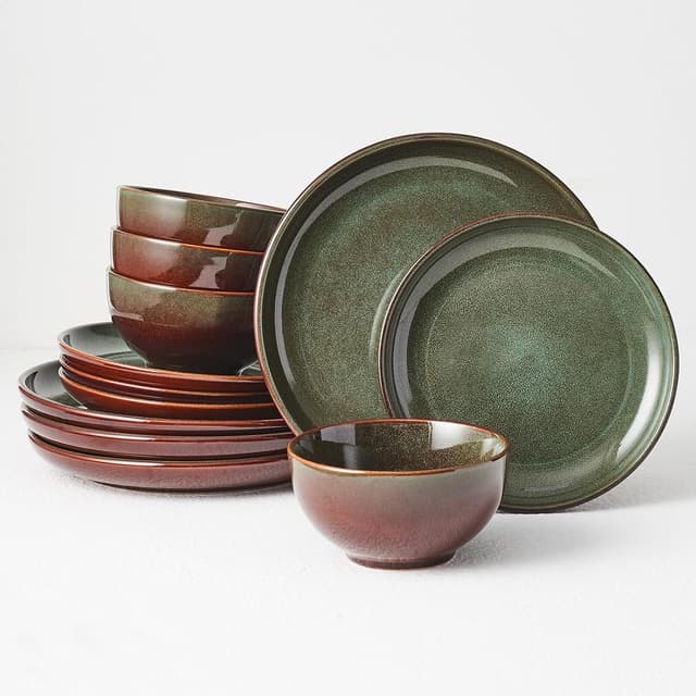 Thumbnail 6 de Pokini Gradient Green Reactive Glaze Stoneware Dinnerware Set (12-Piece)