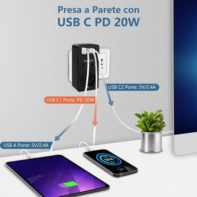 Detalle de NVEESHOX multipresa 6-in-1 da muro con 1 Schuko + 1 presa IT, USB-C PD 20W e protezione