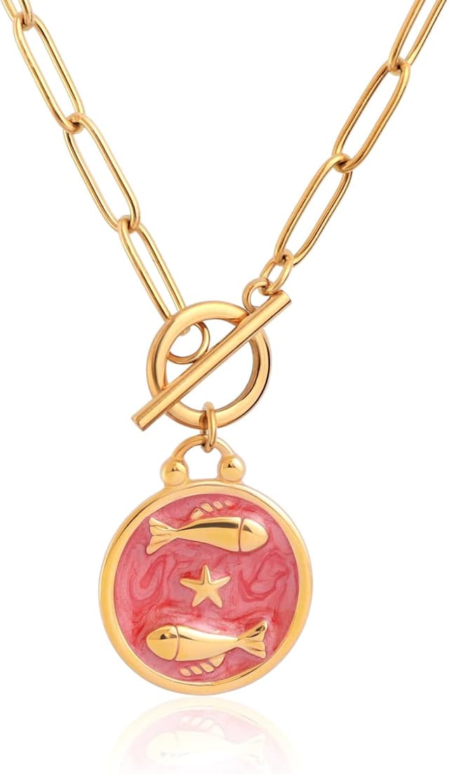 Detalle de TaYolnFaSo Halskette mit Knebelanhänger für Damen, 18K vergoldete rote Emaille – Motiv Fische (12 Sternbilder)