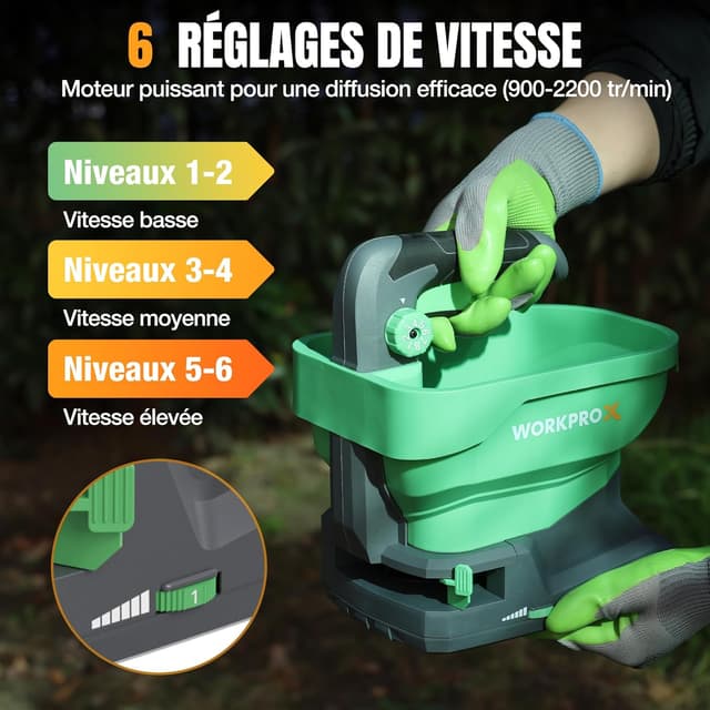 Detalle 2 de WORKPRO Épandeur de graines électrique 7,2 V avec batterie intégrée 2,0 Ah et 8 débits