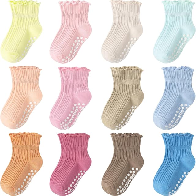 Detalle de Aroveea Baby & Toddler Girls Cotton Grip Ruffle Ankle Socks (12-Pack)