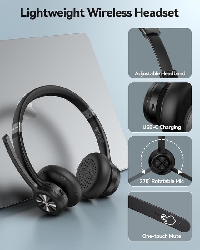 Detalle de TechRise Bluetooth Headset Wireless Headset with Microphone (Bluetooth 5.2, 50H playtime, mute)