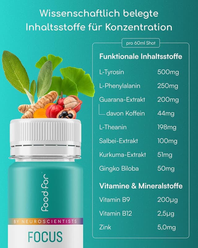 Detalle 2 de FOODFOR FOCUS Booster „Dopamine“ 60 ml – Fokus-Shot mit L-Theanin, L-Tyrosin, Guarana & Ginkgo (zuckerfrei, 6-Pack)