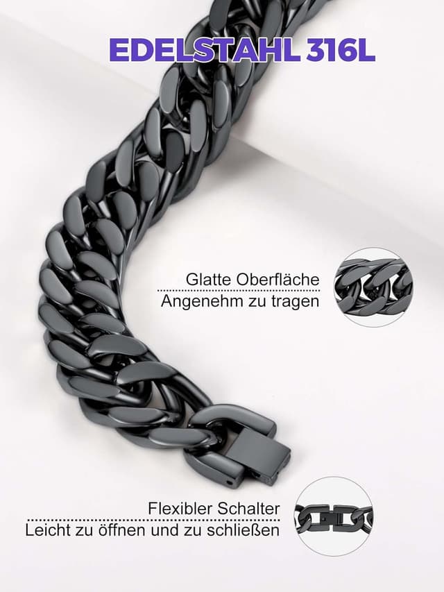 Detalle de Richsteel Herren-Cuban-Gliederarmband Armband aus Edelstahl in Silber, Gold & Schwarz – Breite 8/12/17 mm, Länge 19/21/23 cm