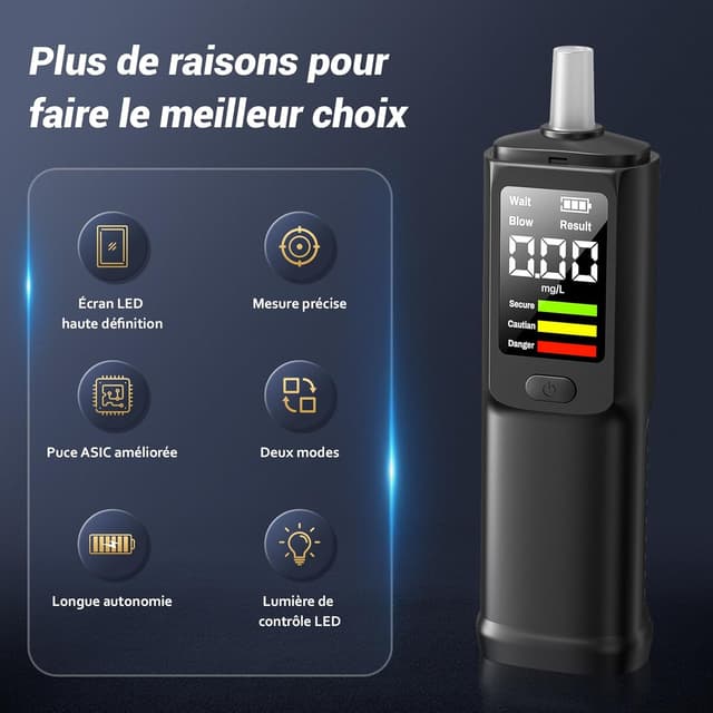 Detalle de ELESKY Éthylotest électronique rechargeable USB‑C avec écran LCD (BrAC en mg/L) et 10 embouts