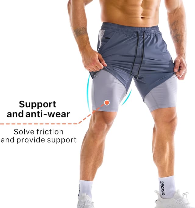 Detalle de BROKIG Men’s Liner Gym Shorts with Zip Pocket – lightweight double-layer compression for training and running