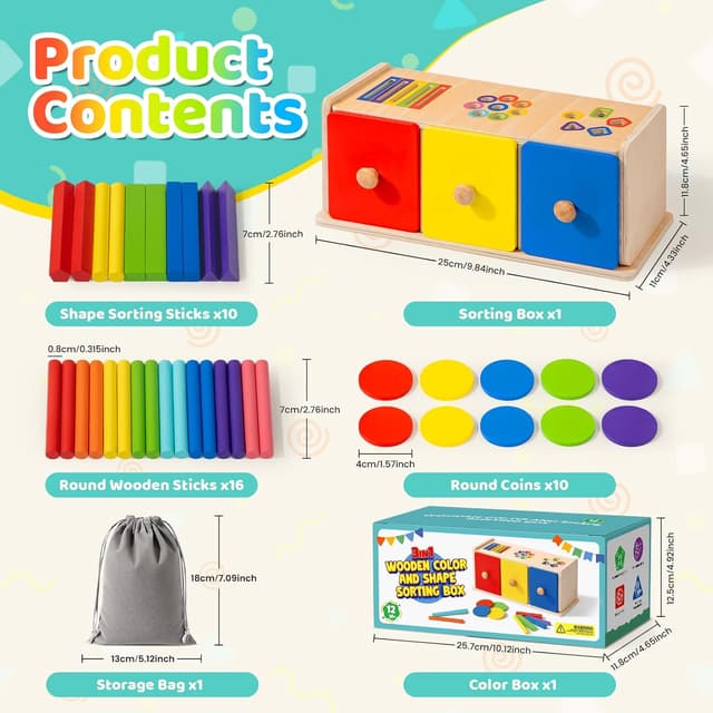 Detalle 1 de WEVOL Jeux Montessori 1 2 3 Ans : trieur en bois 3-en-1 à tiroir pour apprendre couleurs et formes