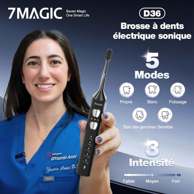 Detalle 2 de Brosse à dents électrique sonique 7MAGIC – 3 intensités, 5 modes, 40000 VPM, autonomie jusqu’à 180 jours (IPX7) – Noir