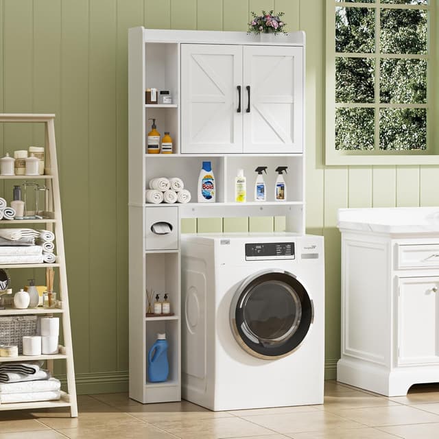 Detalle de BonVache Waschmaschinenschrank mit 2 Türen und Seitenfach – weiß, mit verstellbaren Ablagen