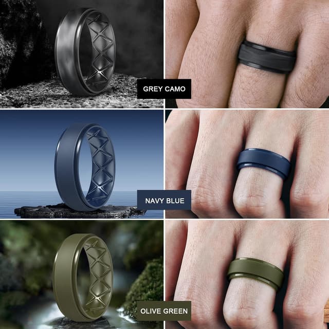 Detalle de Egnaro Men’s Silicone Wedding Bands (8.5mm wide, 2mm thick, ergonomic inner arc) — breathable & hypoallergenic gym/outdoor ring