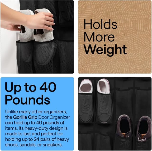 Detalle de Gorilla Grip over-the-door shoe organizer (24 mesh pockets) — up to 40 lb capacity, 2-pack, black