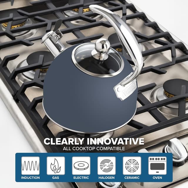 Detalle 2 de Viking 3-Ply Stainless Steel Tea Kettle (2.6 Quart) with Tempered Glass Lid, Induction Ready — Slate and Blue