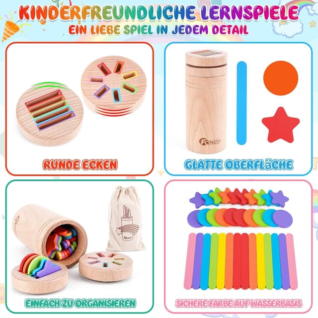 Detalle de FCSONU Montessori Steckspiel aus Holz (3-in-1) ab 1 Jahr, Sortierspiel mit Formen und Farben
