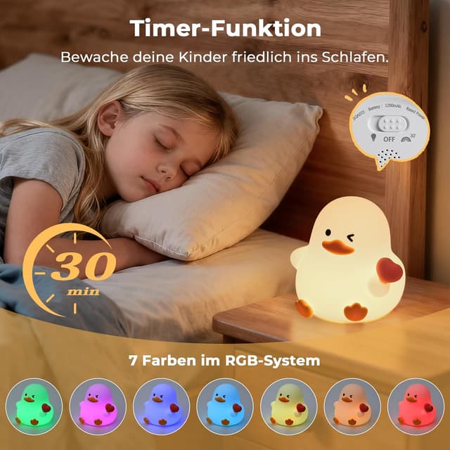 Detalle de JVURICE® Kinder-Nachtlicht Ente aus Silikon, dimmbar & RGB mit Touch und Timer