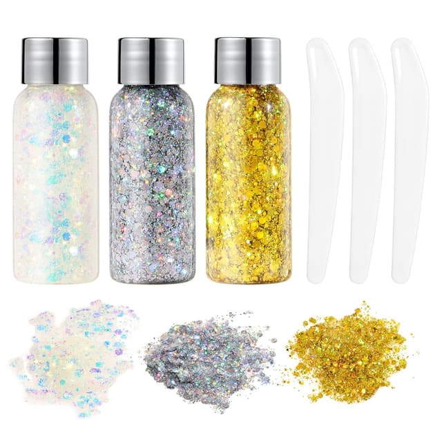 Detalle de URAQT Body Glitter Gel & Chunky Glitter Gel (weiß, silber, gold) – glitzerndes Pailletten-Bodygel für Gesicht, Haare, Lippen & Nägel