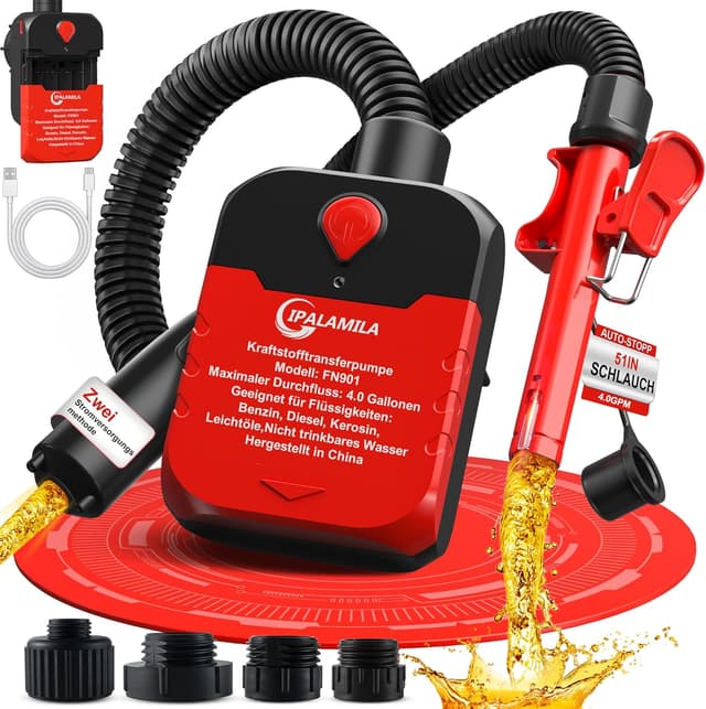 Detalle de Kraftstoffpumpe mit Auto-Stopp-Sensor – tragbare 4,0 GPM Benzinpumpe für Kanister (mit 4 Adaptergrößen, rot)