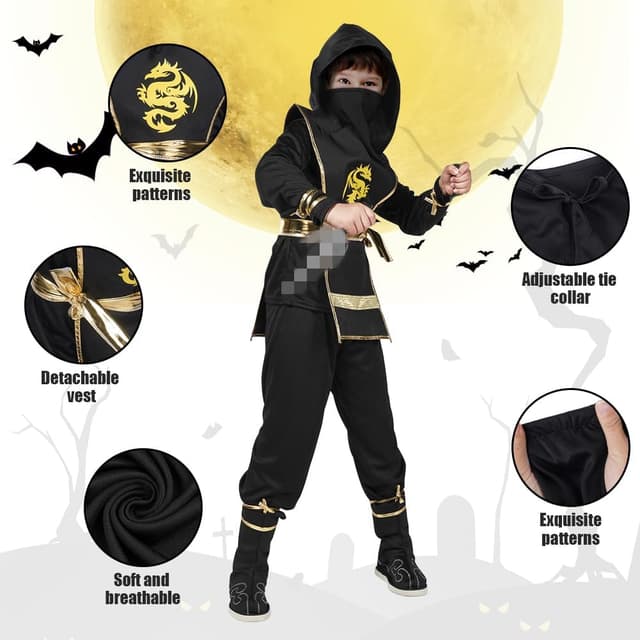Detalle de AOOWU Vestito Ninja Bambino con accessori per Halloween e Carnevale