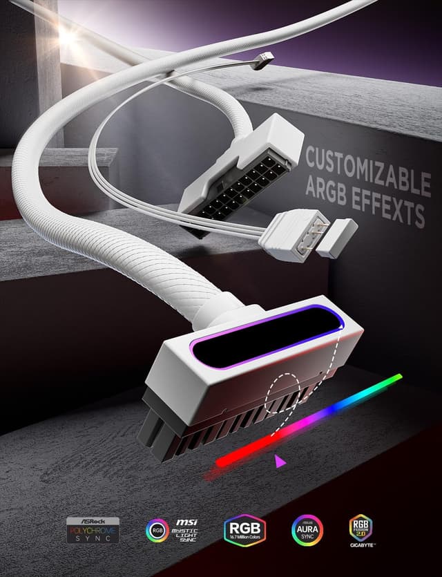 Detalle 2 de AsiaHorse Hydrus 24Pin PSU Kabelverlängerung – 24-Pin ATX Sleeve-Extension (18AWG) mit ARGB-5V 3-Pin Sync