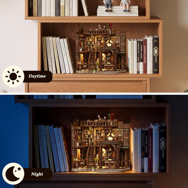 Detalle de Teoryieer Wooden Booknook DIY 3D con luci LED: libreria retrò a tema piano