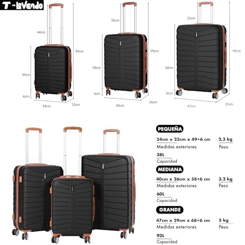 Detalle de Juego de 3 maletas T-LOVENDO.ES rígidas ABS con ruedas 360° (cabina, mediana y grande)