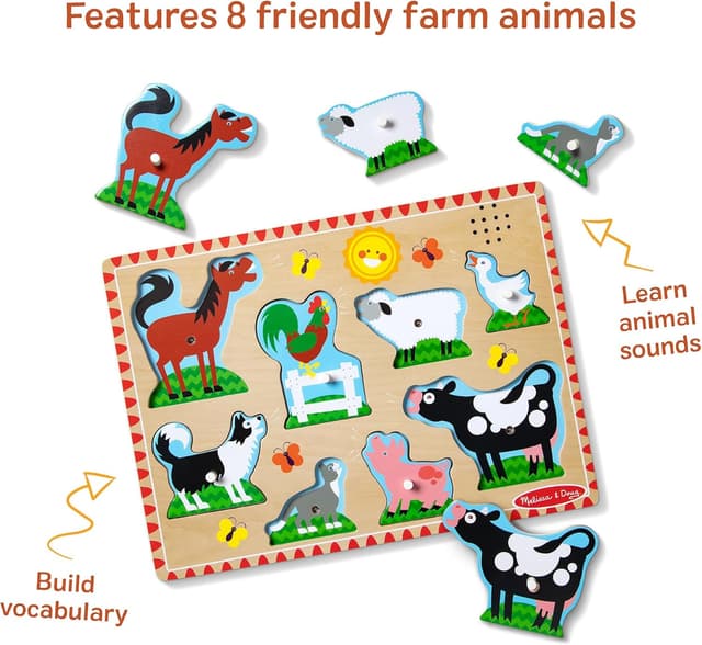Detalle 1 de Melissa & Doug Sound Puzzle Bauernhoftiere, 8-teiliges Holz