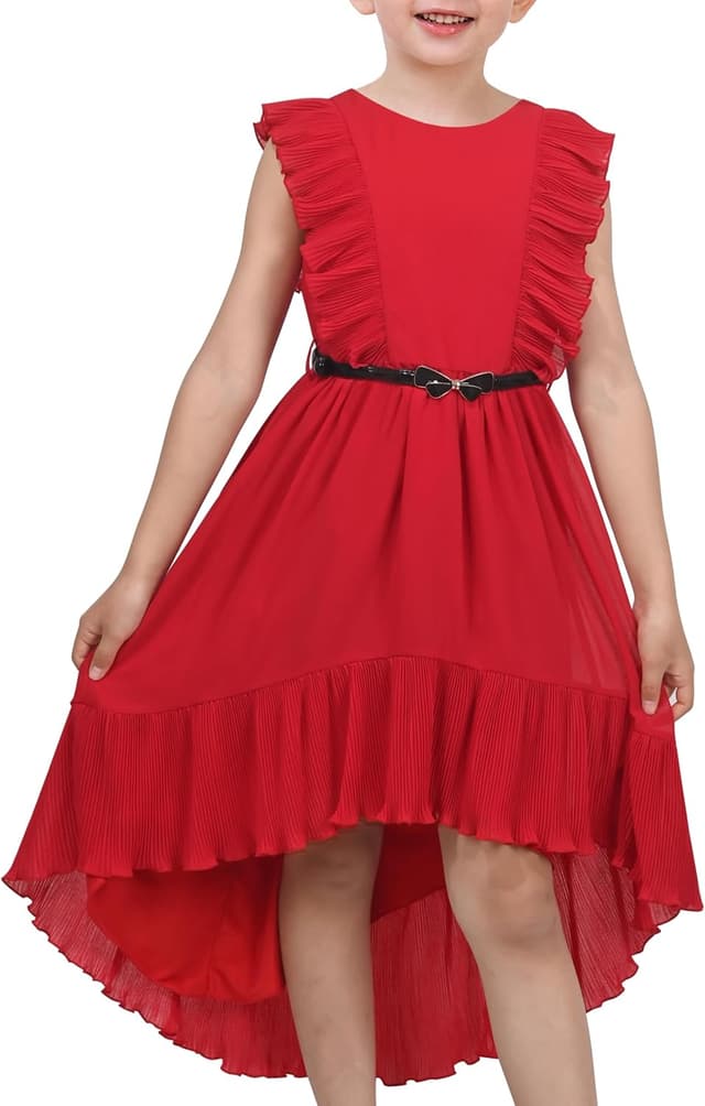 Detalle 2 de Sunny Fashion Mädchen Kleid mit Rüsche, Cap Sleeve, Gürtel – solid für Festzug, Hochzeit & formelle Anlässe (Gr. 116–158)