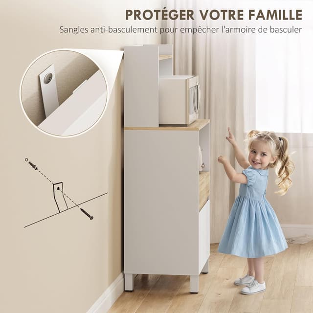 Detalle 2 de HOMCOM Meuble micro-ondes avec buffet et rangement 60 x 40 x 131 cm chêne et blanc
