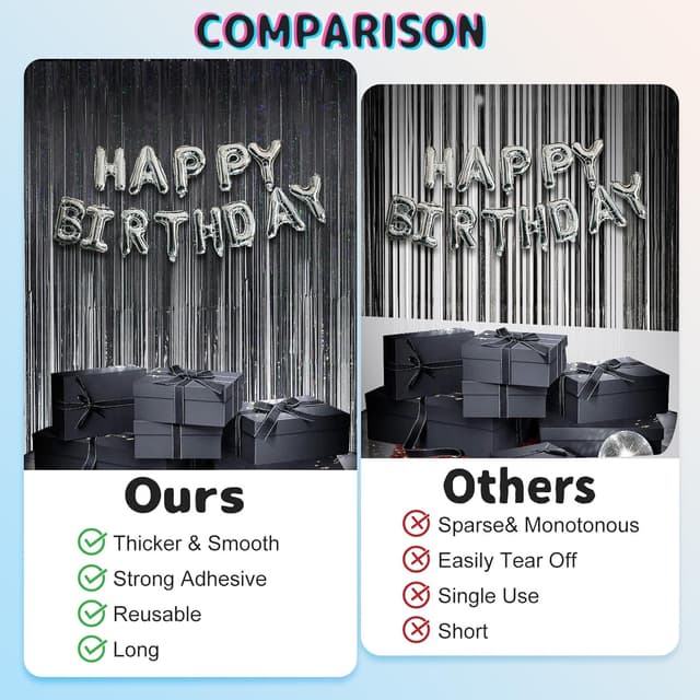 Detalle de KERNOWO Lametta-Vorhang Schwarz Glitzer – 2er Set (2,5 m) für Party, Geburtstag & Deko-Events