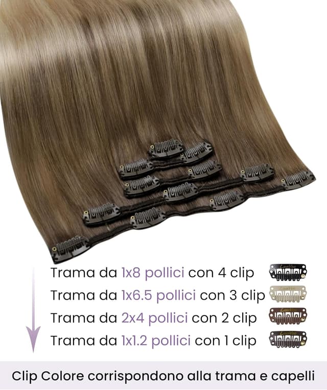 Detalle 2 de LaaVoo Extension Capelli Veri Clip Balayage Marrone Chiaro–Biondo Cenere (Remy) 5 pz