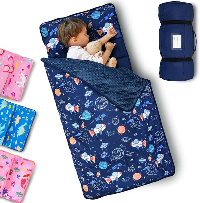 Detalle de PRIMLECT Toddler Nap Mat with Removable Pillow & Fleece Blanket (Extra Large 55"x35")