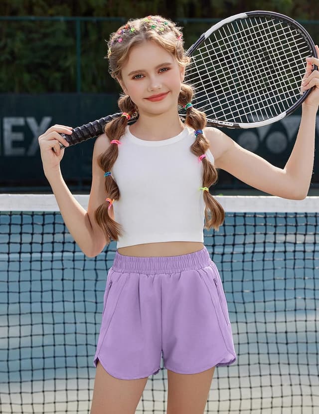 Detalle de Arshiner shorts ragazzze per sport estivi con tasche e cerniera, vita alta elastica (5-14 anni)