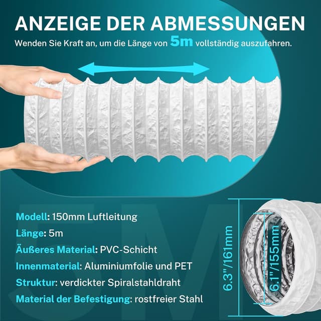Detalle de HG Power 150 mm Abluftschlauch (5 m) flexibler PVC-Alurohr Lüftungskanal mit Schall-Umwicklung, weiß