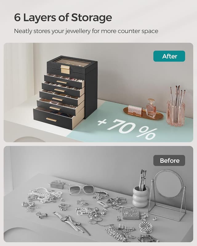 Detalle de SONGMICS GISELLA JBC171B01 Jewellery Box with Glass Lid, 6 Layers & 5 Drawers (Ink Black & Gold)