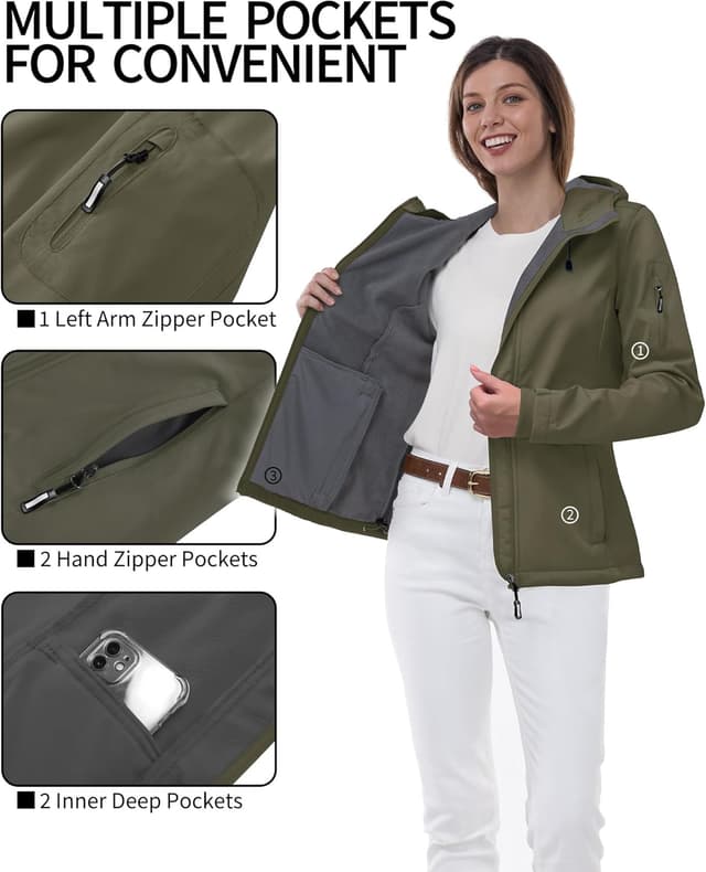 Detalle de Outdoor Ventures Damen Softshelljacke wasserdicht & winddicht mit Kapuze – Übergangs- und Funktionsjacke
