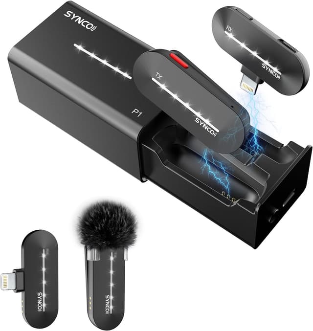 Detalle de SYNCO P1SL kabelloses Lavalier-Mikrofon für iPhone & iPad (Lightning, 2,4 GHz, MFi, Ladekoffer)