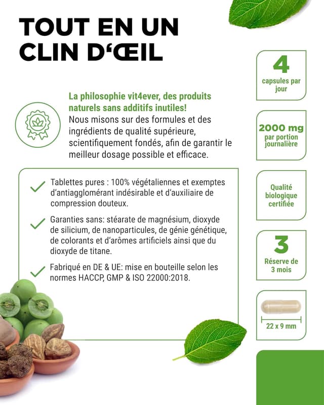Detalle 2 de Triphala Bio haute dose 2000 mg (500 mg par capsule) – 365 capsules, poudre indienne Haritaki Amalaki Bibhitaki (végane)