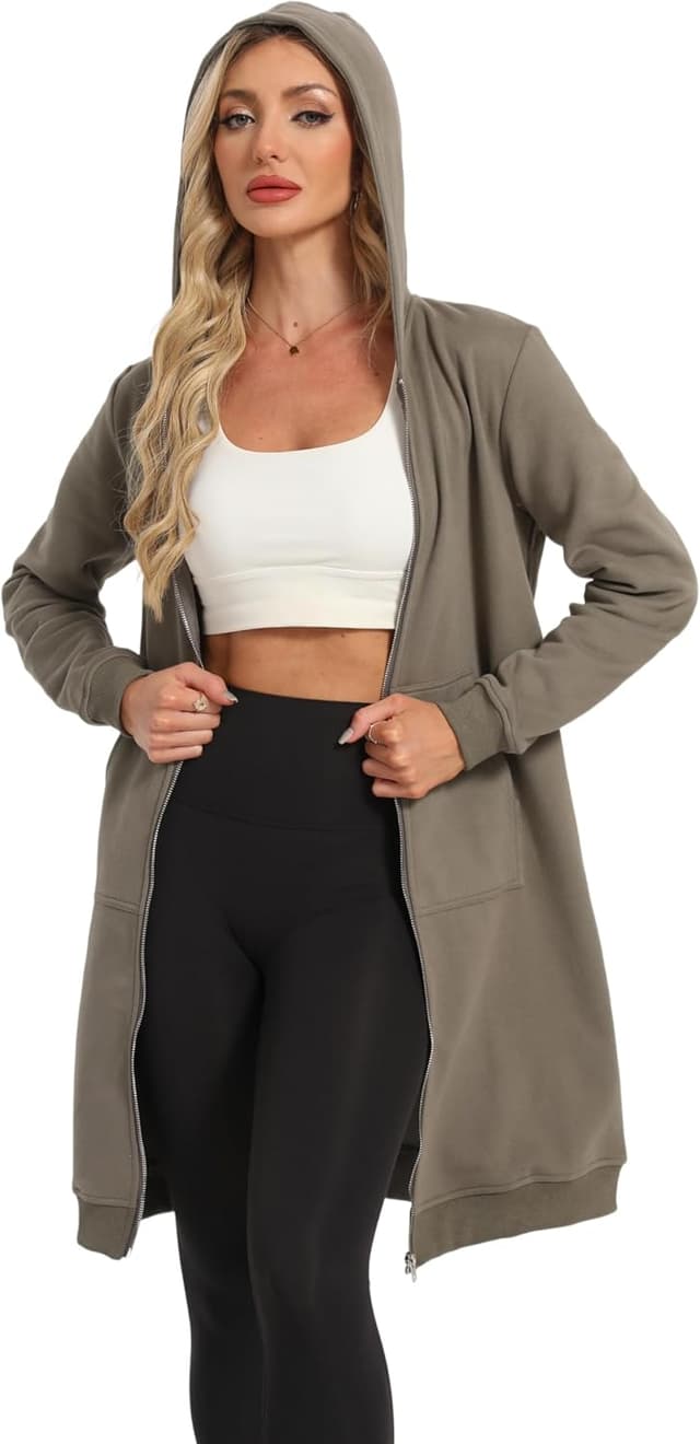 Detalle 2 de Timuspo veste à capuche longue pour femme, coton-polyester, zippée avec poches